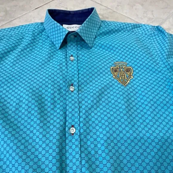 GUCCI Men’s blue Long Sleeve Button Up Embroidered Cotton Shirt Size S Italy - Picture 13 of 14